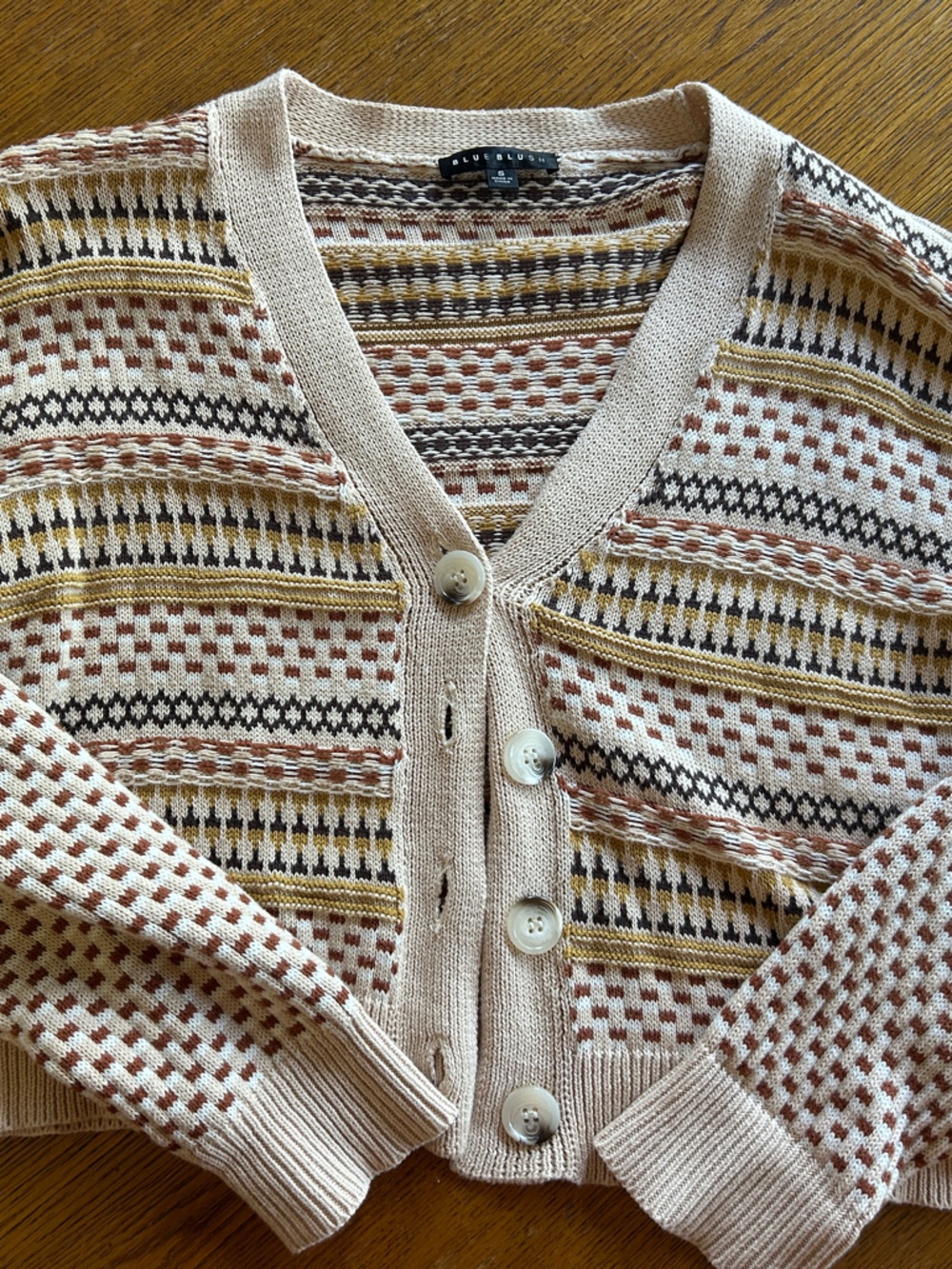 Blue Blush Beige Knit Cardigan with Mustard & Brown Stripes